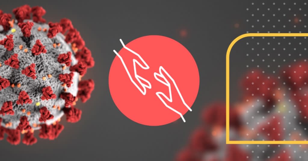 Illustration of virus and hands reaching for each other.