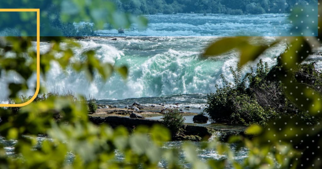 Niagara Falls with some tree foliage out of focus in the front of the frame.